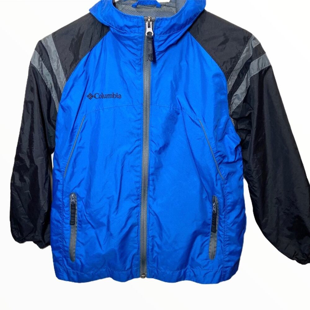 Columbia Windbreaker Jacket Hooded Full Zip Pockets Color Block Blue Black 8